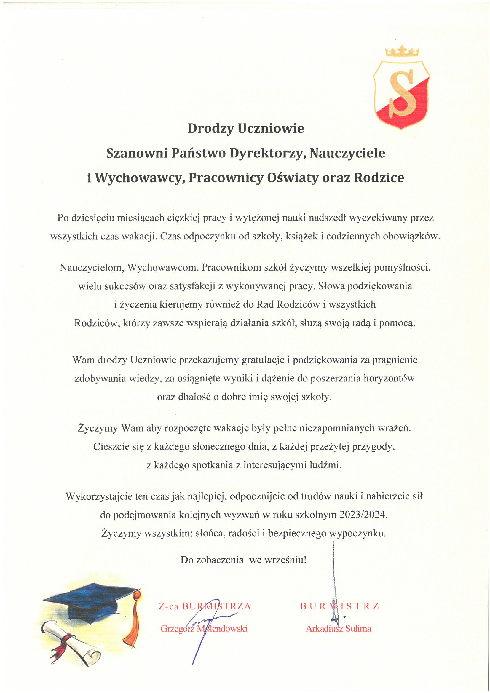 życzenia burmistrza z okazji wakacji 