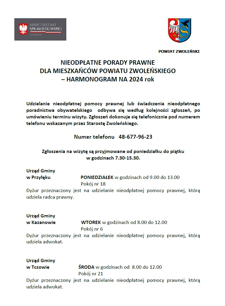 harmonogram pomocy prawnej